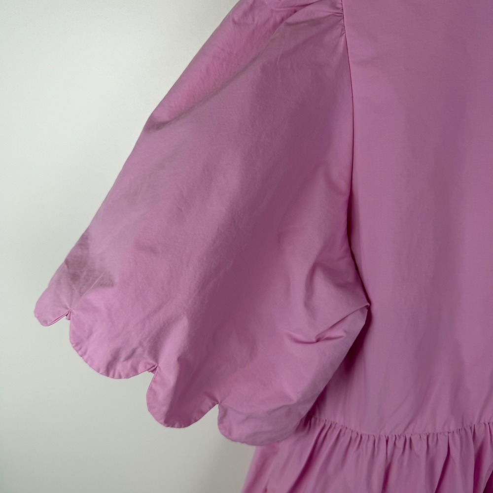 English Factory Pink Scalloped Tiered Mini Dress Small Puff Sleeve Preppy Cotton - Picture 4 of 12